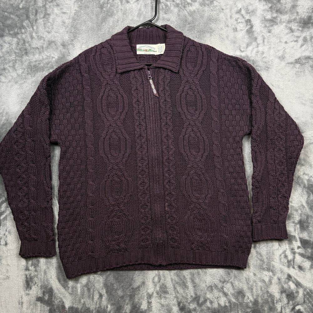 Aran Crafts Full Zip Cardigan Sweater Mens Large Purple Merino Wool Irish Knit
